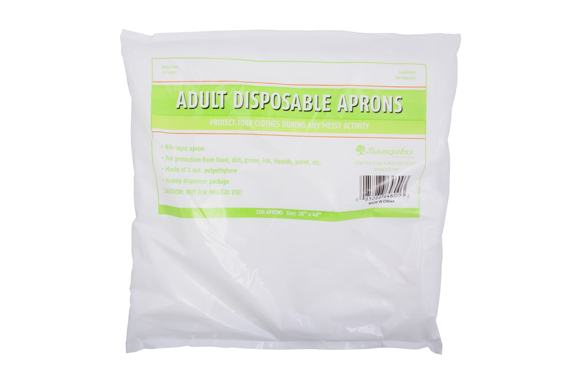 Baumgartens Bib Style Adult Disposable Aprons 100 Pack CLEAR (CP-4600)