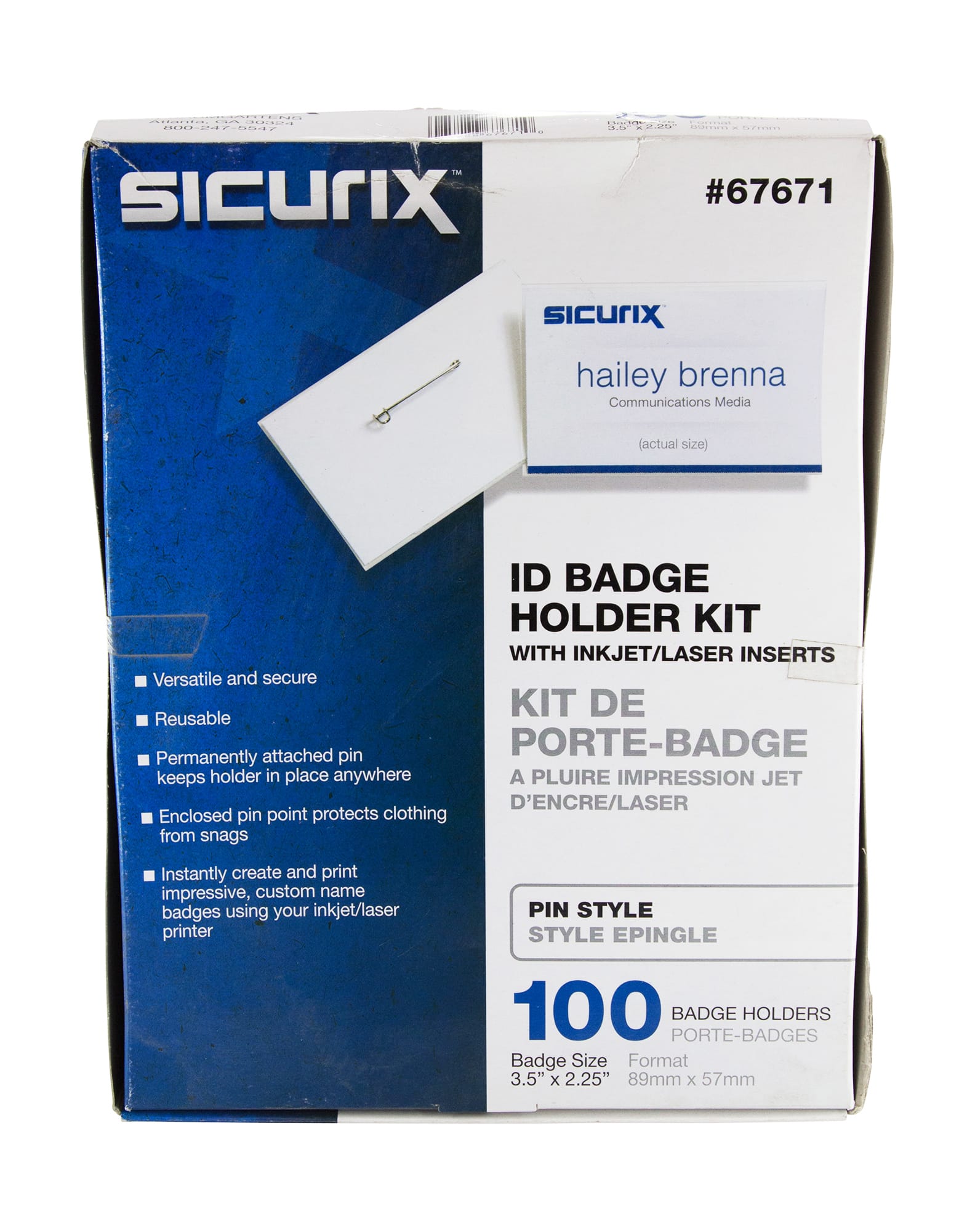 SICURIX Pin Style Printable Badge Kit 3 1/2" x 2 1/4" Horizontal 100 Pack (67671)