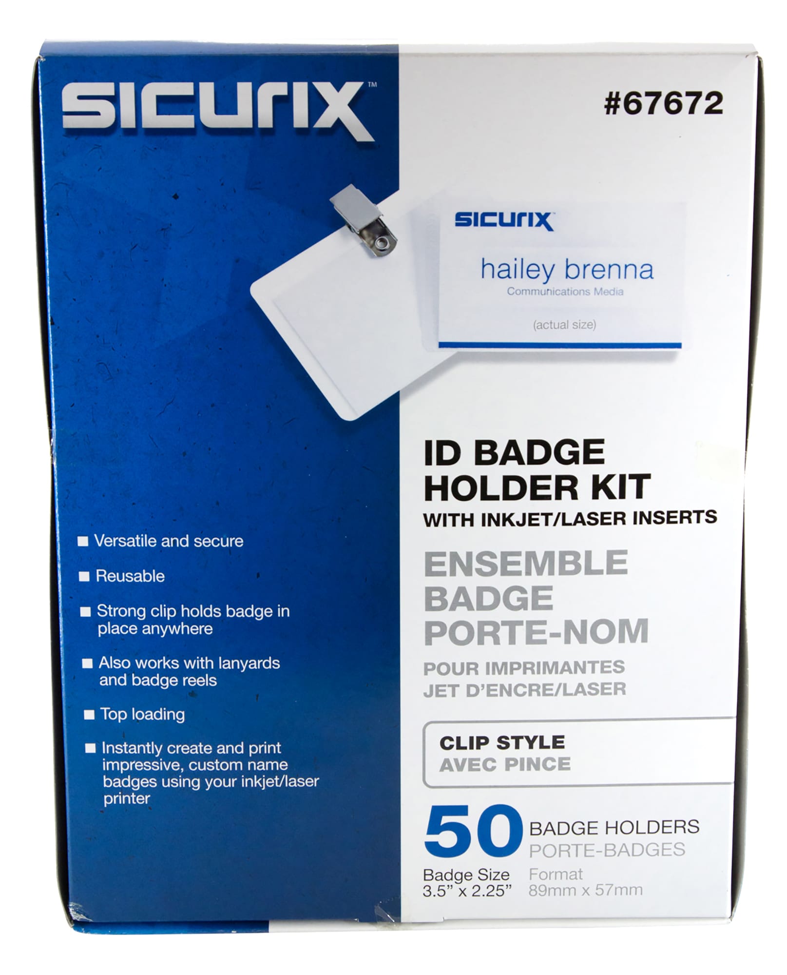 SICURIX Clip Style Printable Badge Kit 3 1/2" x 2 1/4" Horizontal 50 Pack (67672)