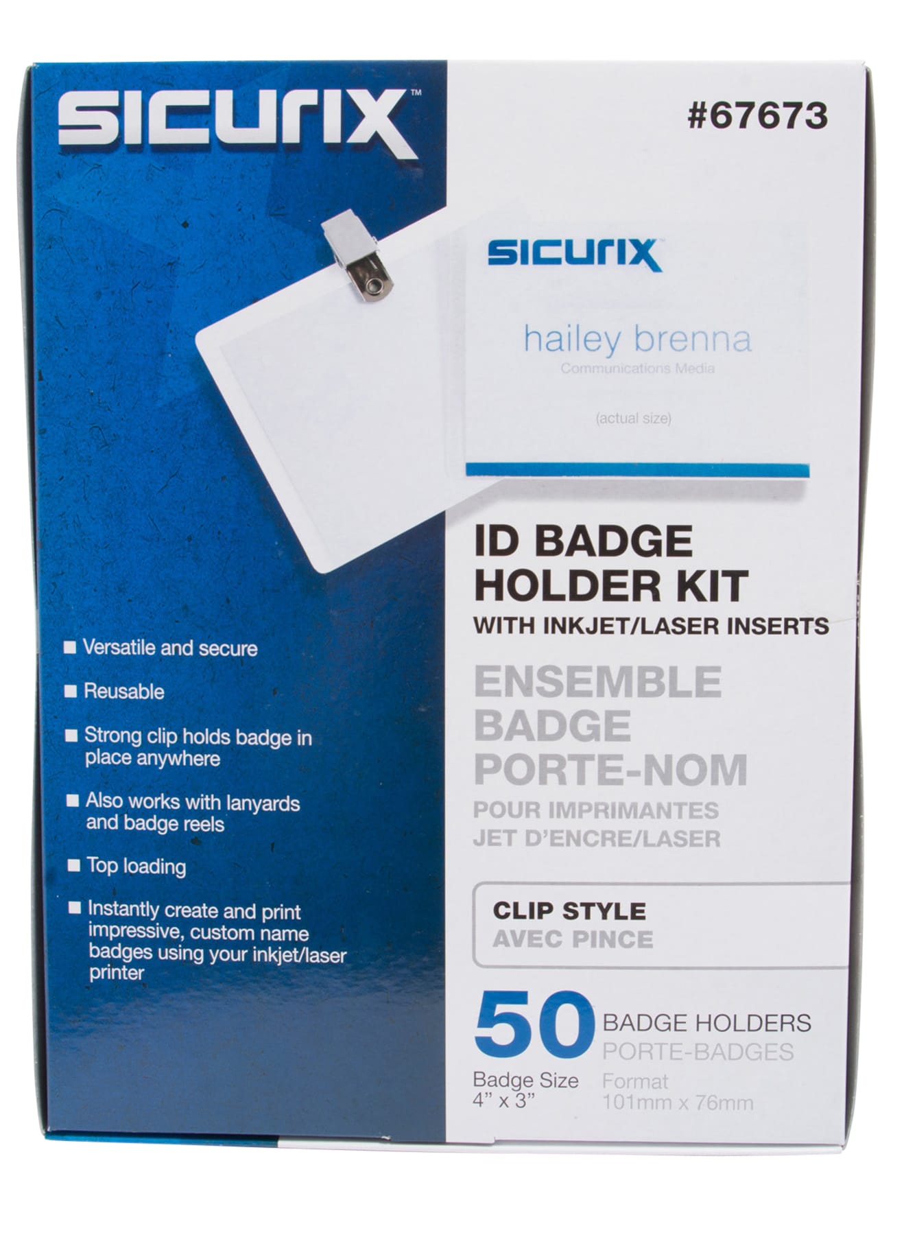 SICURIX Clip Style Printable Badge Kit 4" x 3" Horizontal 50 Pack (67673)