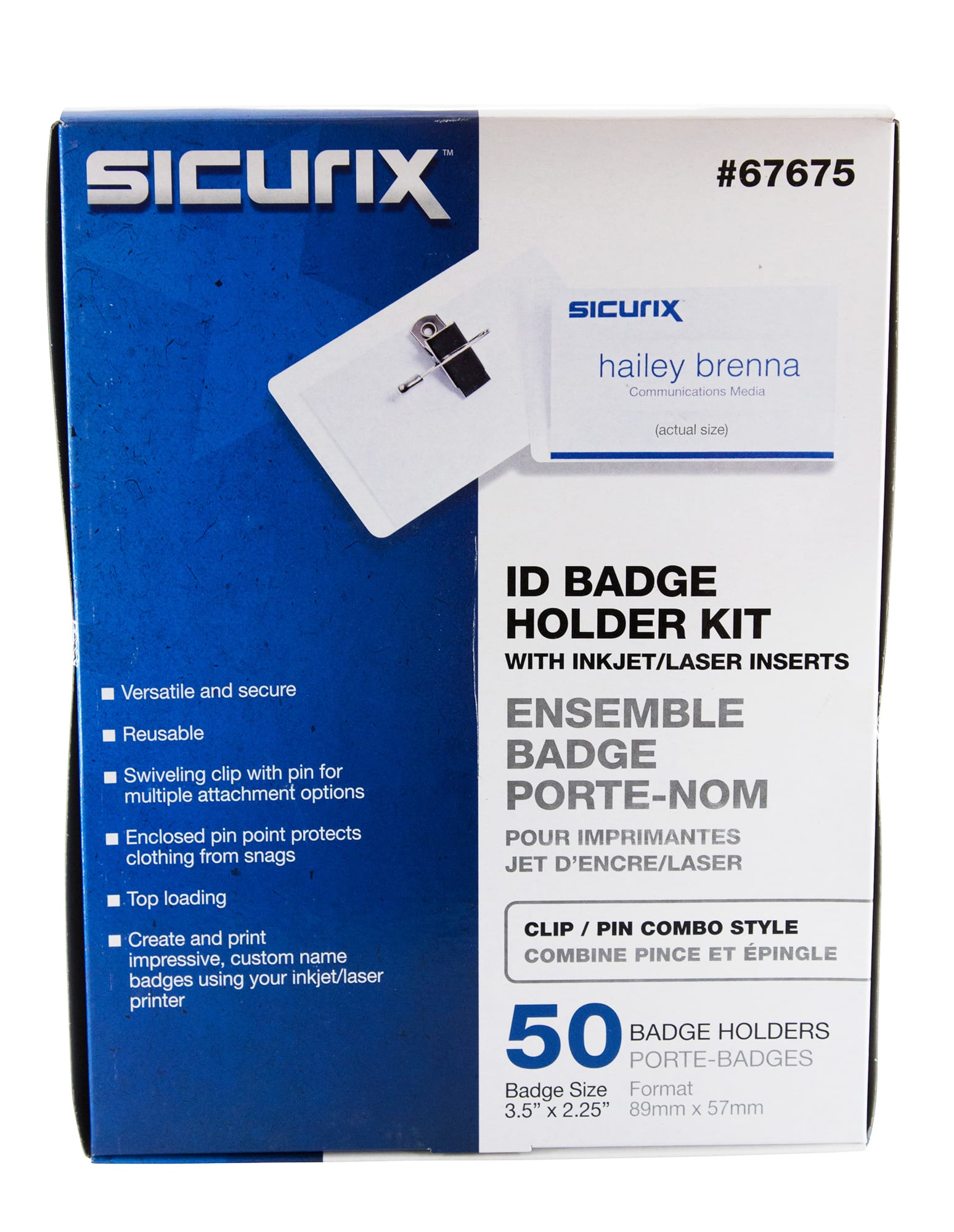 SICURIX Clip/Pin Combo Style Printable Badge Kit 3 1/2" x 2 1/4" Horizontal 50 Pack (67675)