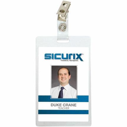 SICURIX Self Laminating Badge Holders Vertical Clip 25 Pack CLEAR (62926)