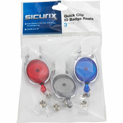 SICURIX Quick Clip ID Badge Reels Oval Strap 3 Pack RED BLUE Smoke (68769)