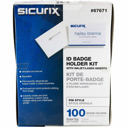 SICURIX Pin Style Printable Badge Kit 3 1/2" x 2 1/4" Horizontal 100 Pack (67671)