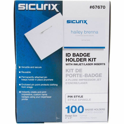 SICURIX Pin Style Printable Badge Kit 4" x 3" Horizontal 100 Pack (67670)