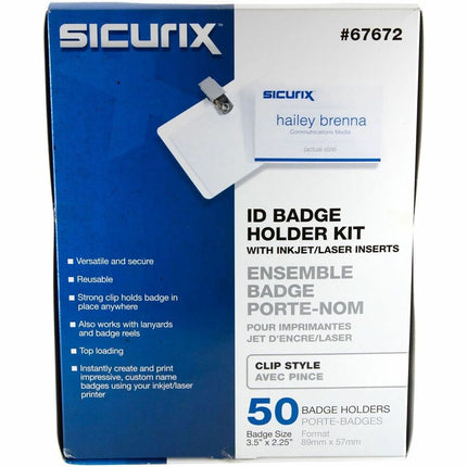 SICURIX Clip Style Printable Badge Kit 3 1/2" x 2 1/4" Horizontal 50 Pack (67672)