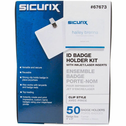 SICURIX Clip Style Printable Badge Kit 4" x 3" Horizontal 50 Pack (67673)