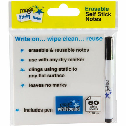 Magic Whiteboard Sticky Notes Pad WHITE 50 Sheets (4"x4") Portable Dry-Erase Surface (MW1351)