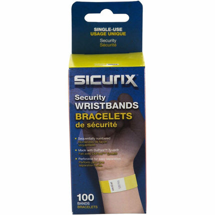 SICURIX Sequentially Numbered Security Wristbands 100 Pack YELLOW (85070)
