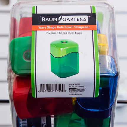 Baumgartens Pencil Sharpeners Wave Single Hole Hexagonal Tub Display of 15 ASSORTED Colors (19059)
