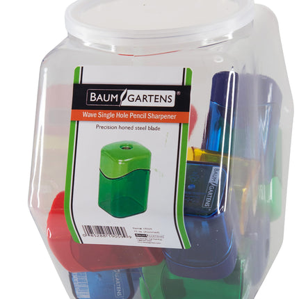 Baumgartens Pencil Sharpeners Wave Single Hole Hexagonal Tub Display of 15 ASSORTED Colors (19059)