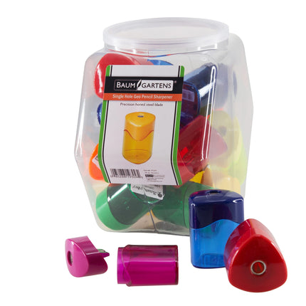 Baumgartens Pencil Sharpeners Geo Rondo Single Hole Hexagonal Tub Display of 18 ASSORTED Colors (19309)