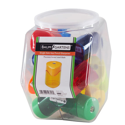 Baumgartens Pencil Sharpeners Geo Rondo Single Hole Hexagonal Tub Display of 18 ASSORTED Colors (19309)