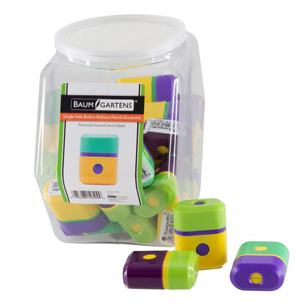 Baumgartens Pencil Sharpeners Button Release Single Hole Hexagonal Tub Display of 25 ASSORTED Colors (19509)