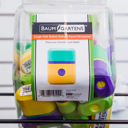 Baumgartens Pencil Sharpeners Button Release Single Hole Hexagonal Tub Display of 25 ASSORTED Colors (19509)