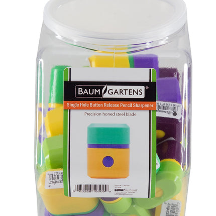 Baumgartens Pencil Sharpeners Button Release Single Hole Hexagonal Tub Display of 25 ASSORTED Colors (19509)