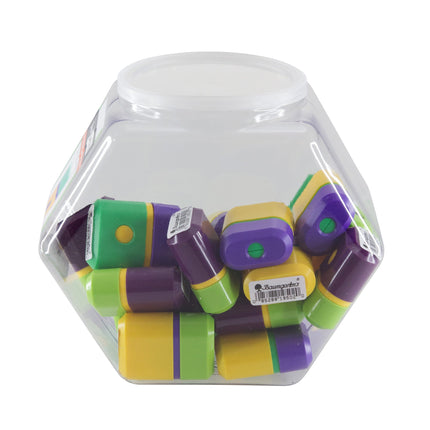 Baumgartens Pencil Sharpeners Button Release Single Hole Hexagonal Tub Display of 40 ASSORTED Colors (19519)