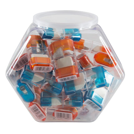 Baumgartens Pencil Sharpeners Trap Door with Eraser Single Hole Hexagonal Tub Display of 25 ASSORTED Colors (19559)