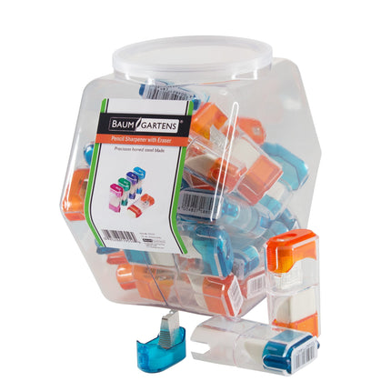 Baumgartens Pencil Sharpeners Trap Door with Eraser Single Hole Hexagonal Tub Display of 25 ASSORTED Colors (19559)