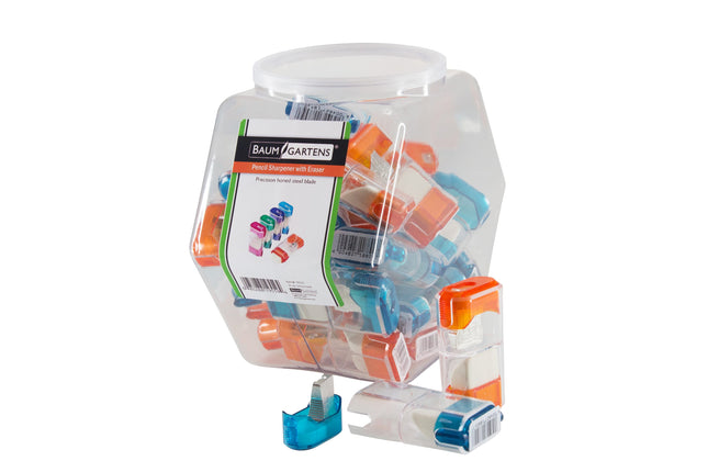 Baumgartens Pencil Sharpeners Trap Door with Eraser Single Hole Hexagonal Tub Display of 25 ASSORTED Colors (19559)