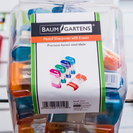 Baumgartens Pencil Sharpeners Trap Door with Eraser Single Hole Hexagonal Tub Display of 25 ASSORTED Colors (19559)
