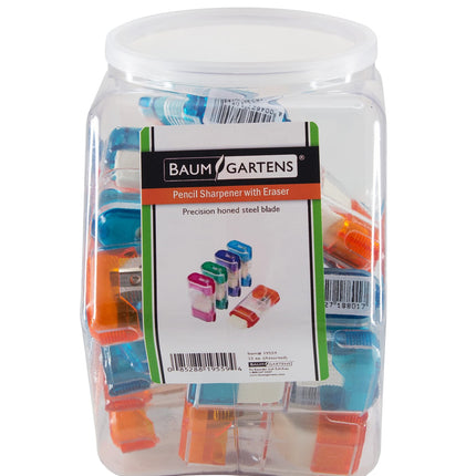 Baumgartens Pencil Sharpeners Trap Door with Eraser Single Hole Hexagonal Tub Display of 25 ASSORTED Colors (19559)