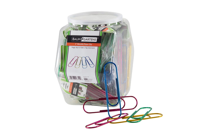 Baumgartens Vinyl Coated Paper Clips Metallic 4" Hexagonal Tub Display of 100 ASSORTED Colors (26749)