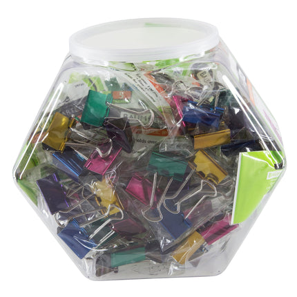 Baumgartens Designer Binder Clips Metallic Medium Hexagonal Tub Display of 18 ASSORTED Colors (29739)