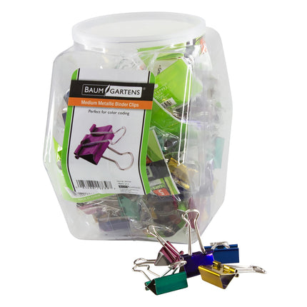 Baumgartens Designer Binder Clips Metallic Medium Hexagonal Tub Display of 18 ASSORTED Colors (29739)