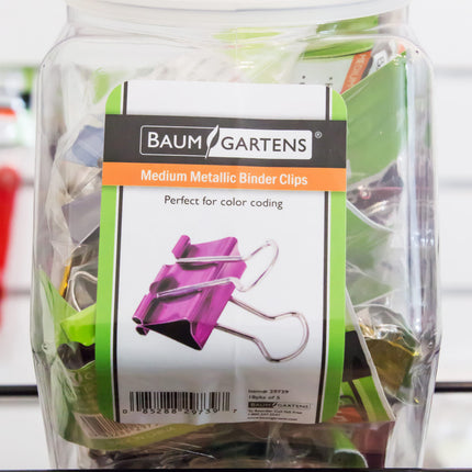 Baumgartens Designer Binder Clips Metallic Medium Hexagonal Tub Display of 18 ASSORTED Colors (29739)