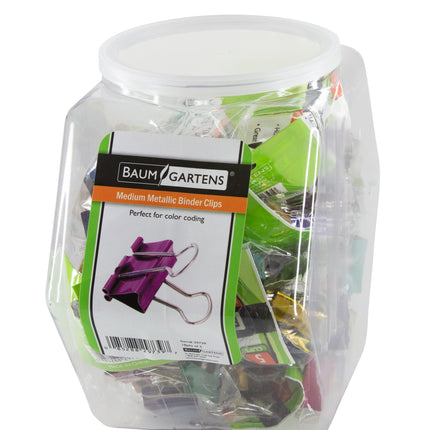 Baumgartens Designer Binder Clips Metallic Medium Hexagonal Tub Display of 18 ASSORTED Colors (29739)