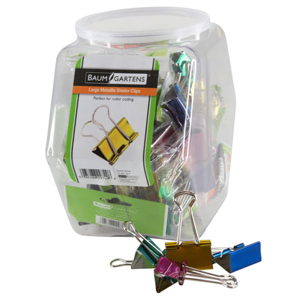Baumgartens Designer Binder Clips Metallic Large Hexagonal Tub Display of 12 ASSORTED Colors (29749)
