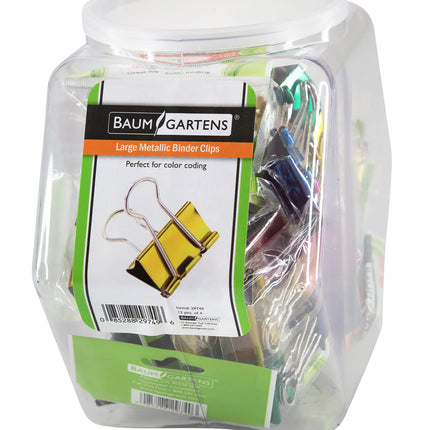 Baumgartens Designer Binder Clips Metallic Large Hexagonal Tub Display of 12 ASSORTED Colors (29749)