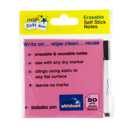 Magic Whiteboard Sticky Notes Pad PINK 50 Sheets (4”x4”) Portable Dry-Erase Surface (MW1353)