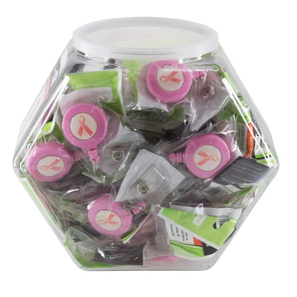 SICURIX ID Badge Reels Breast Cancer Awareness Round Belt Clip Strap Hexagonal Tub Display of 36 PINK (68599)