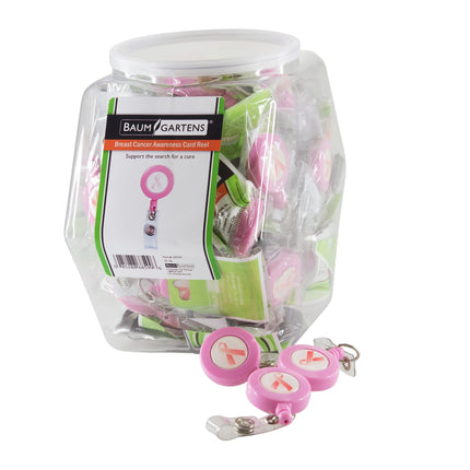 SICURIX ID Badge Reels Breast Cancer Awareness Round Belt Clip Strap Hexagonal Tub Display of 36 PINK (68599)