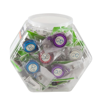 SICURIX ID Badge Reels Stethescope Round Swivel Spring Clip Strap Hexagonal Tub Display of 36 ASSORTED Colors (68649)