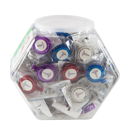 SICURIX ID Badge Reels Caduceus Round Swivel Spring Clip Strap Hexagonal Tub Display of 36 ASSORTED Colors (68659)