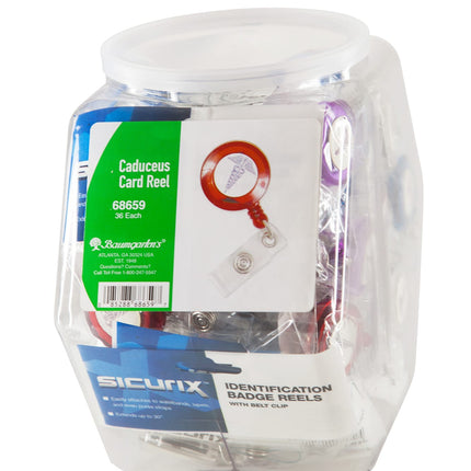SICURIX ID Badge Reels Caduceus Round Swivel Spring Clip Strap Hexagonal Tub Display of 36 ASSORTED Colors (68659)