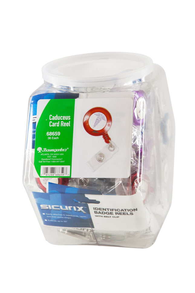 SICURIX ID Badge Reels Caduceus Round Swivel Spring Clip Strap Hexagonal Tub Display of 36 ASSORTED Colors (68659)