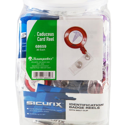 SICURIX ID Badge Reels Caduceus Round Swivel Spring Clip Strap Hexagonal Tub Display of 36 ASSORTED Colors (68659)