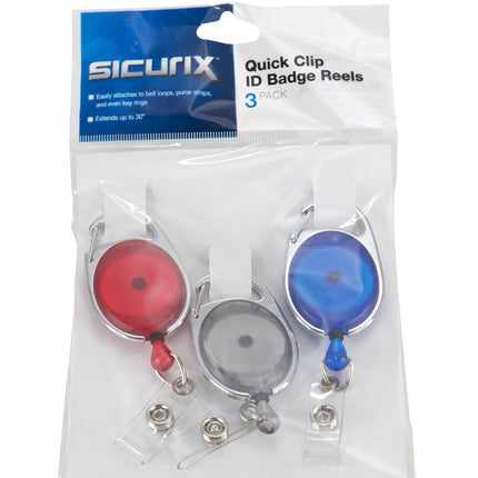 SICURIX Quick Clip ID Badge Reels Oval Strap 3 Pack RED BLUE Smoke (68769)
