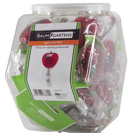 SICURIX ID Badge Reels Apple Shaped Round Swivel Spring Clip Strap Hexagonal Tub Display of 30 RED (68789)