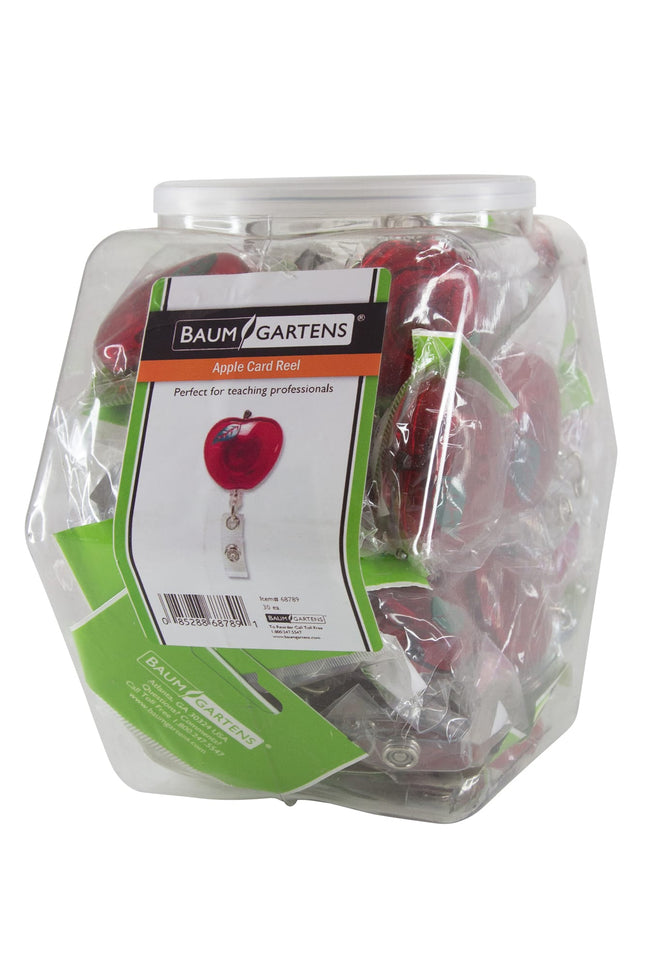 SICURIX ID Badge Reels Apple Shaped Round Swivel Spring Clip Strap Hexagonal Tub Display of 30 RED (68789)