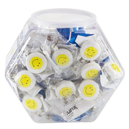 SICURIX ID Badge Reels Smiley Face Round Belt Clip Strap Hexagonal Tub Display of 48 WHITE (68809)