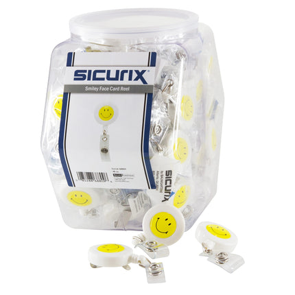 SICURIX ID Badge Reels Smiley Face Round Belt Clip Strap Hexagonal Tub Display of 48 WHITE (68809)
