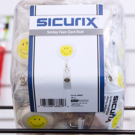 SICURIX ID Badge Reels Smiley Face Round Belt Clip Strap Hexagonal Tub Display of 48 WHITE (68809)