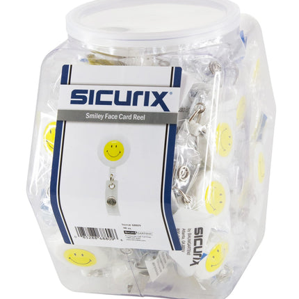 SICURIX ID Badge Reels Smiley Face Round Belt Clip Strap Hexagonal Tub Display of 48 WHITE (68809)