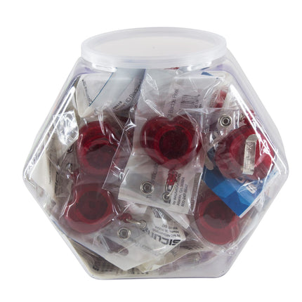 SICURIX ID Badge Reels Heart Shaped Round Belt Clip Strap Hexagonal Tub Display of 30 RED (68819)