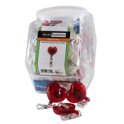 SICURIX ID Badge Reels Heart Shaped Round Belt Clip Strap Hexagonal Tub Display of 30 RED (68819)